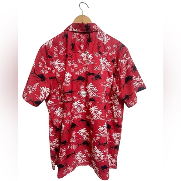 Columbia PFG Mens Hawaiian Aloha Shirt L Red White Black Swordfish Floral Palms - Picture 6 of 8